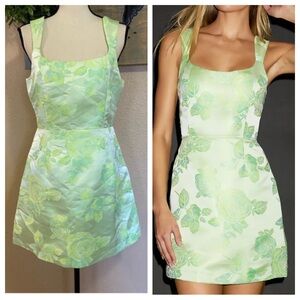 Lulus Brighter Side Light Green Floral Satin Jacquard Mini Dress